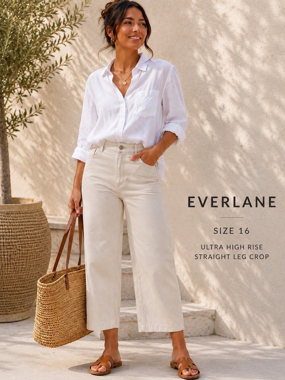 Everlane Women’s Size 16 White High Rise Straight Leg Crop Pants Cotton Stretch